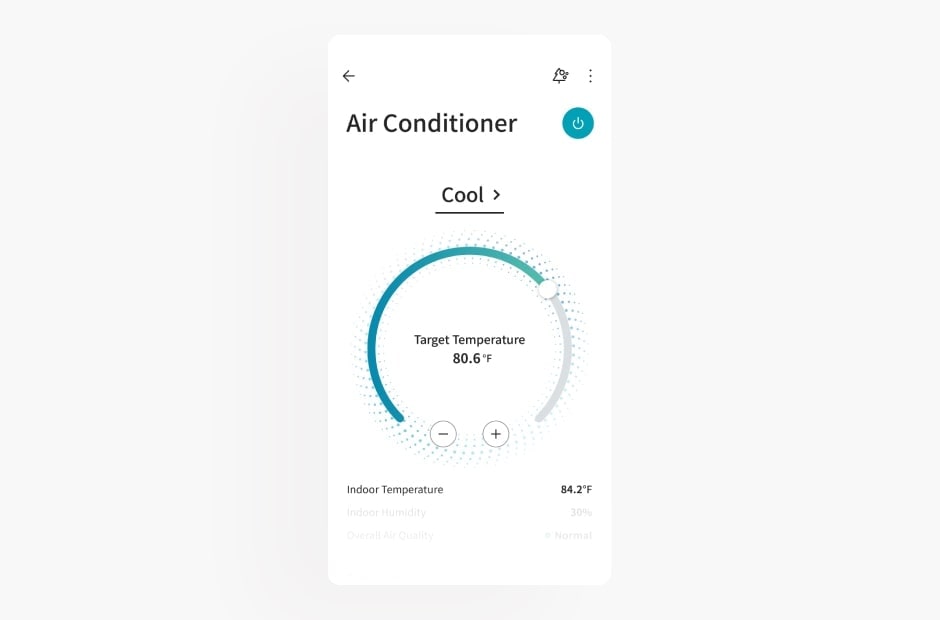 Image shows the air conditioner screen in the LG ThinQ app