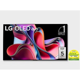 Front view with LG OLED evo, 10 Years World No.1 OLED Emblem, and 5-Year Panel Warranty logo on screen