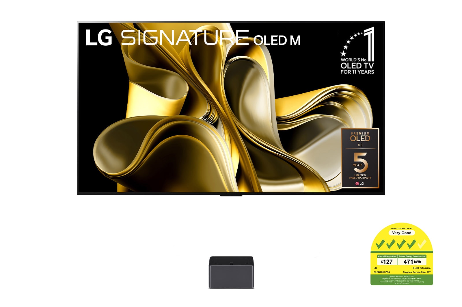 Front view with LG OLED M3 on the stand and Zero Connect Box below, 10 Years World No.1 OLED Emblem, LG Signiture OLED M, and 5-Year Panel Warranty logo on screen