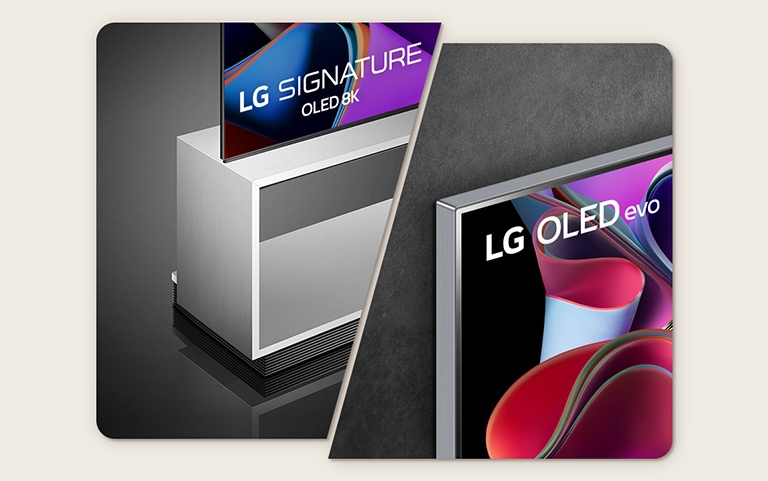 The left side of the image shows a side view of LG OLED Z3 with Floor Stand. The right side shows LG OLED G3's Gallery Design.