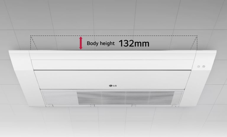 The LG One Way Ceiling Cassette is displayed, with a dotted line and a red arrow marking the unit's body height of 132mm.