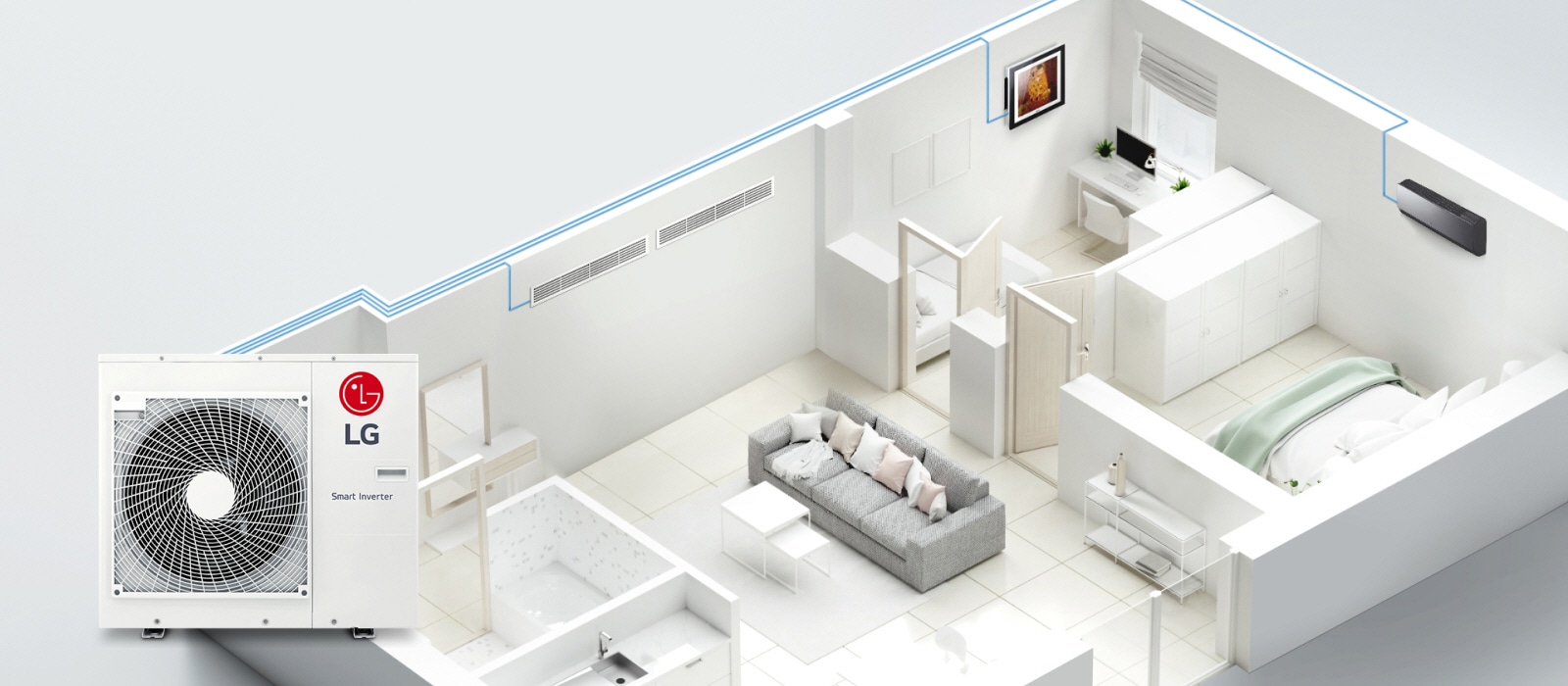 A sectional view of the house reveals blue pipelines from an LG Smart Inverter unit weaving around the house, linking three indoor units in each room.