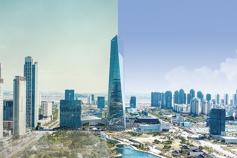 Solda, hava kirliliği nedeniyle dumanlı görünen bir şehir, sağda ise temiz havaya sahip bir şehir.