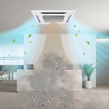  Kare tavan LG klima ünitesi (AC) kirli havayı merkezi olarak içeri çekerken çevredeki dört çıkıştan temiz mavi renkli havayı dışarı verir.