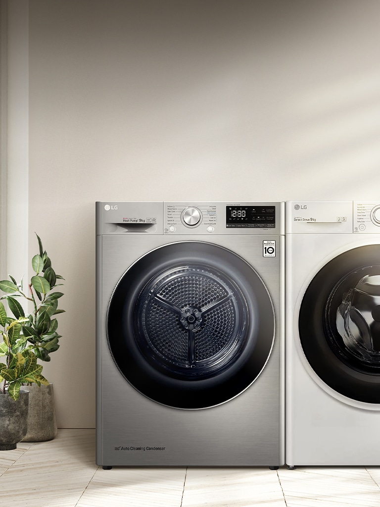 Bu görüntüde yan yana yerleştirilmiş bir çamaşır ve kurutma makinesi gösterilir.