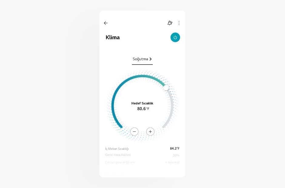 LG ThinQ uygulamasındaki klima ekranının görüntüsü