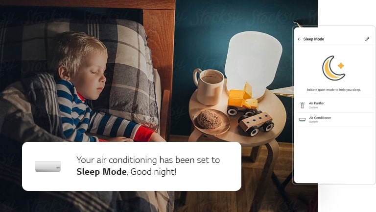 Yatakta uyuyan küçük bir çocuğun görüntüsü. Yanında, odasındaki klima ayarlarını gösteren bir LG ThinQ uygulaması ekranı vardır.