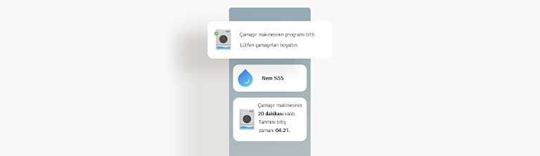 LG ThinQ uygulamasında çamaşır makinesinin durum güncellemelerini gösteren bir ekranın görüntüsü.