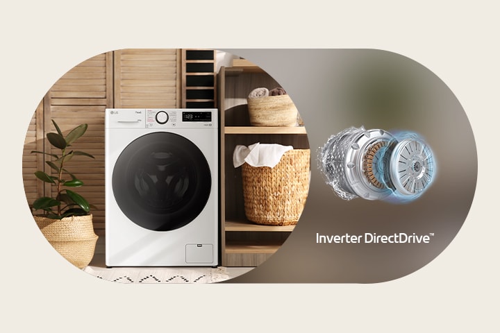 Çamaşır odasında bir çamaşır makinesi ve yanında Inverter DirectDrive motoru yer alıyor.