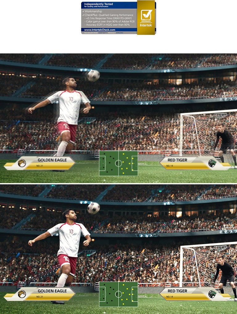 Normal bir ekran ve hızlı tepki süresi veren ekran, bir futbol maçındaki aynı görüntüyü gösterir. 0,1 ms tepki süresine sahip ekran, gözle görülür şekilde daha akıcı ve daha gerçekçidir.