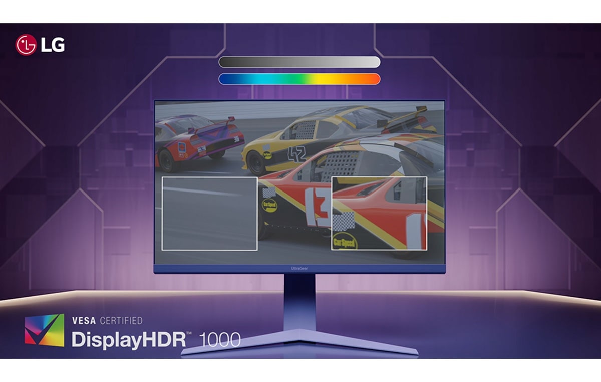 A car racing through multi color light tunnel at great speed in smooth motion with 160Hz refresh rate in comparison to the racing gaming with 60Hz