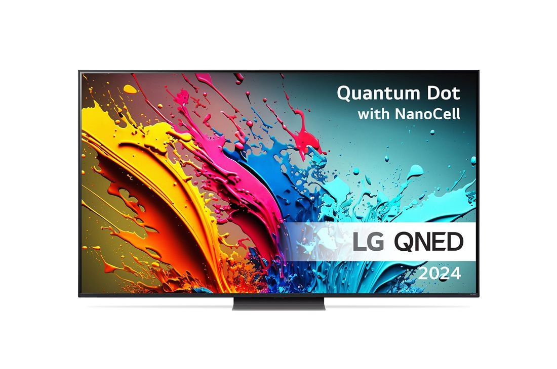 LG 65'' QNED 87 - 4K Smart TV (2024), LG QNED TV, QNED87 set forfra med tekst fra LG QNED, Quantum Dot med NanoCell og 2024 på skærmen, 65QNED87T6B
