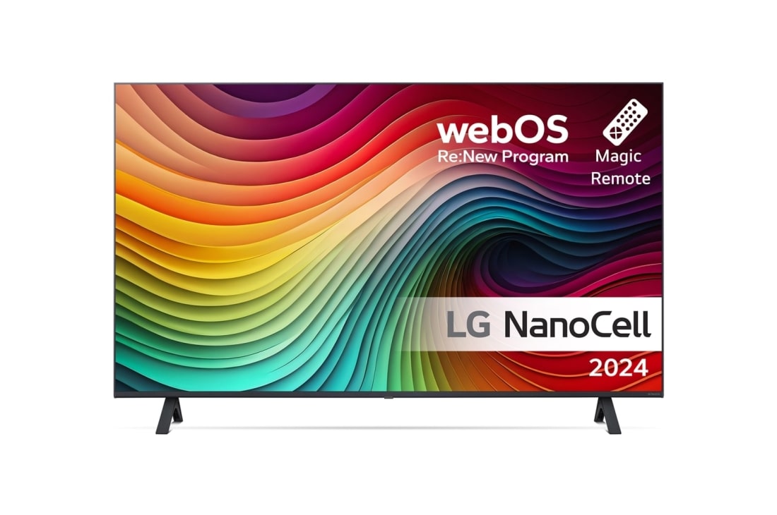 LG 43'' NANO 81 - NanoCell 4K Smart TV (2024), LG NanoCell TV, NANO81 set forfra med tekst fra LG NanoCell, 2024, webOS Re:New Program-logo og Magic Remote på skærmen, 43NANO81T6A