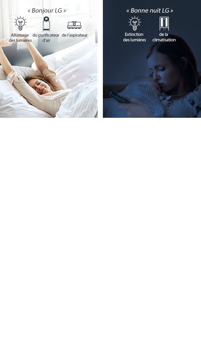 Une femme dans un lit se réveille le matin (gauche) et avec un bébé le soir (droite)