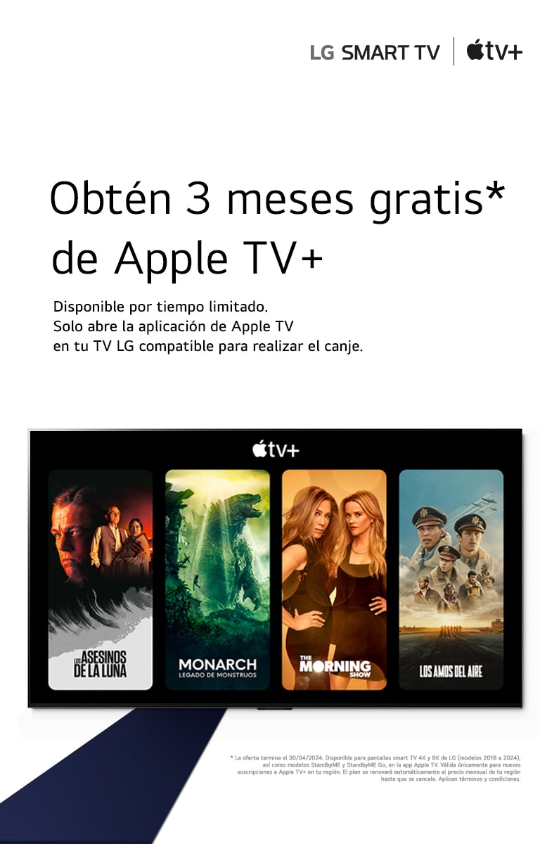 Image d'un téléviseur LG OLED. Le contenu d'Apple TV+ s'affiche à l'écran et le titre est "Get three months of Apple TV+ free with LG Smart TVs" (Trois mois d'Apple TV+ gratuits avec les Smart TV de LG).