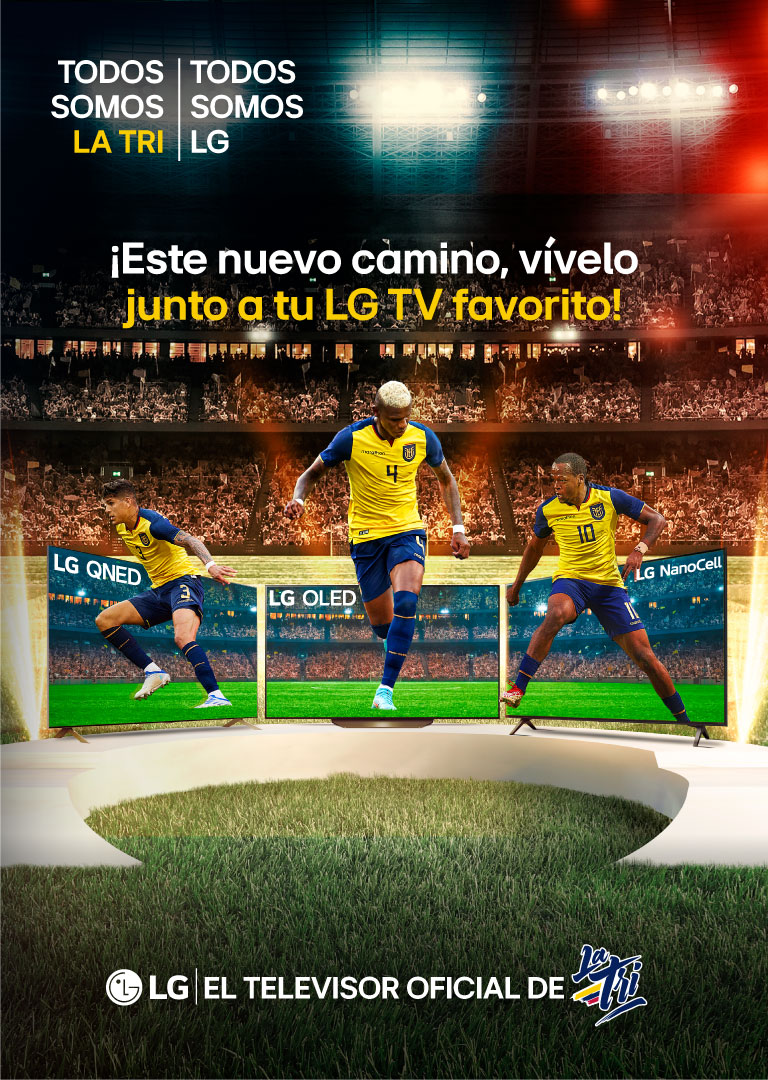 Imagen de 3 jugadores de la tri saliendo de un LG TV anunciando La Camiseta del Televisor Oficial de La Tri