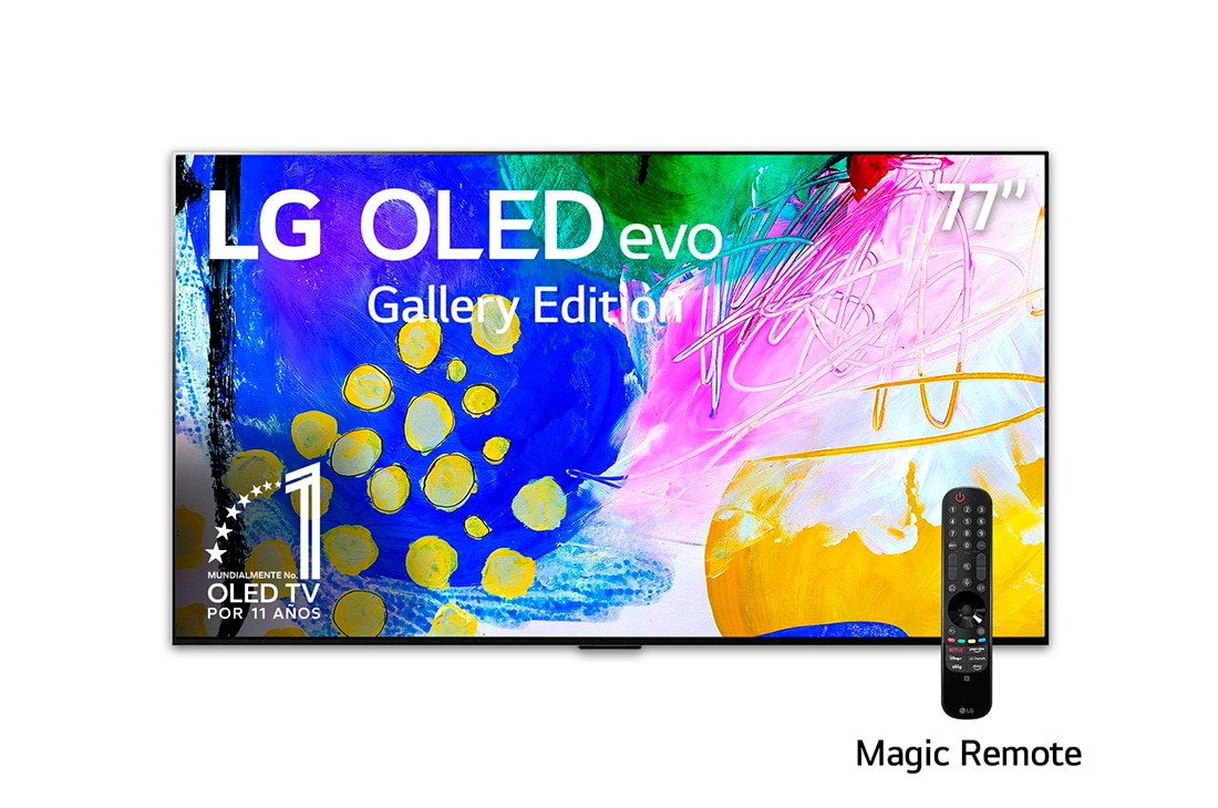 LG OLED 77'' G2 evo Smart TV con ThinQ AI (Inteligencia Artificial), Vista frontal con LG OLED evo Gallery Edition en la pantalla, OLED77G2PSA
