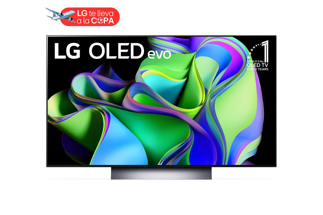 LG Pantalla LG OLED 48'' C3 4K SMART TV con ThinQ AI, Vista frontal con el LG OLED evo y la frase «El mejor OLED del mundo por 10 años» en la pantalla., OLED48C3PSA