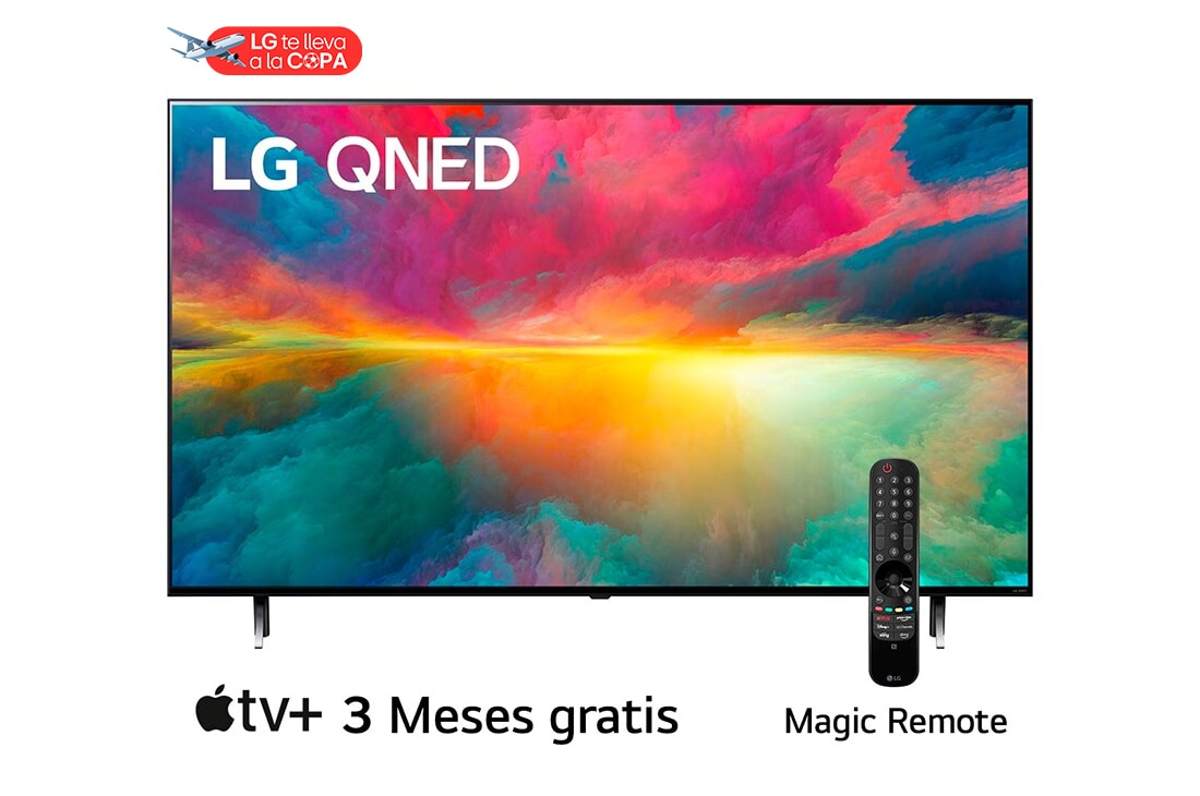 LG Pantalla LG QNED 75 65'' 4K SMART TV con ThinQ AI, Una vista frontal del televisor LG QNED con imagen de relleno y logotipo del producto encendido, 65QNED75SRA