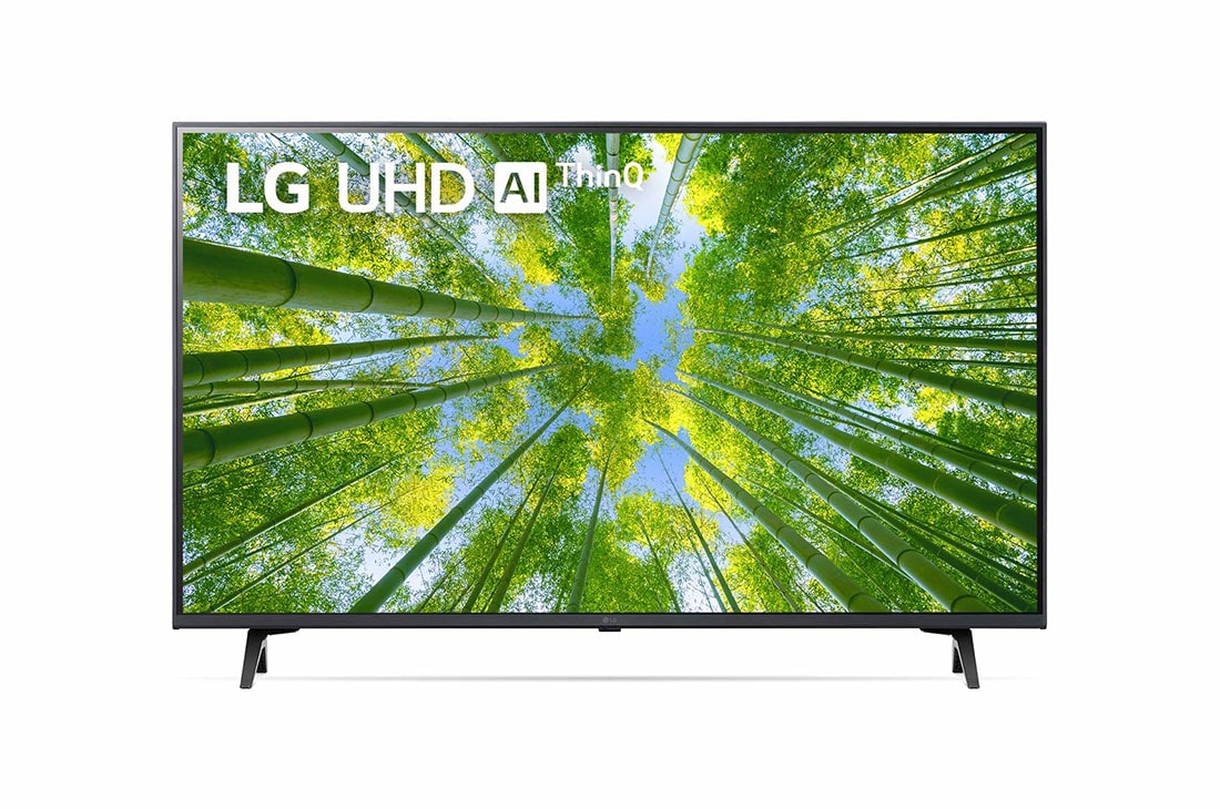 LG UHD 43'' UQ8050 Smart TV con ThinQ AI (Inteligencia Artificial), Una vista frontal del televisor LG UHD con la imagen de relleno y el logotipo del producto encima, 43UQ8050PSB