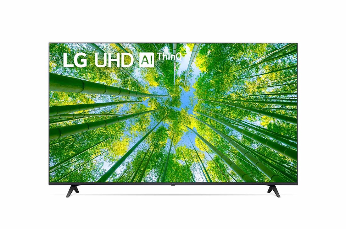 LG UHD 65'' UQ8000 Smart TV con ThinQ AI (Inteligencia Artificial), Una vista frontal del televisor LG UHD con la imagen de relleno y el logotipo del producto encima, 65UQ8000PSB