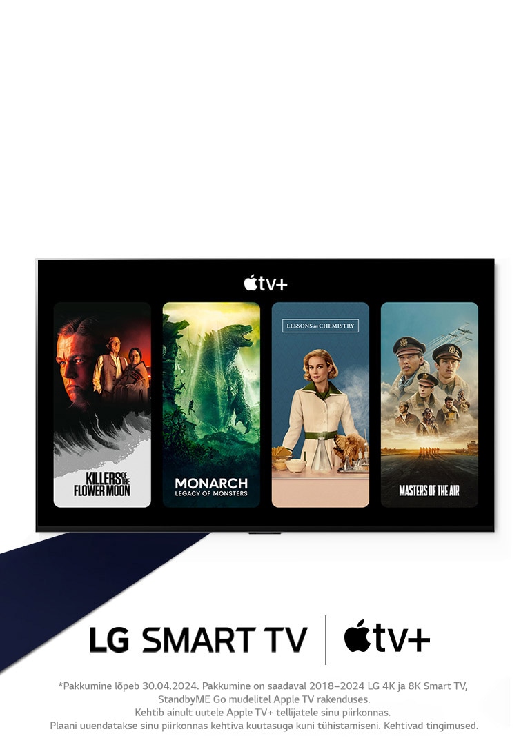 LG OLED TV kujutis. Apple TV+ sisu on ekraanil ja pealkiri on "LG nutiteleritega saate Apple TV+ rakendust kolm kuud tasuta kasutada."