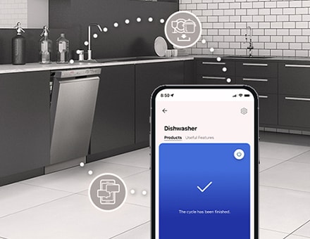 Kitchen interior with partially open free-standing dishwasher and LG ThinQ™ app showing cycle complete notification.