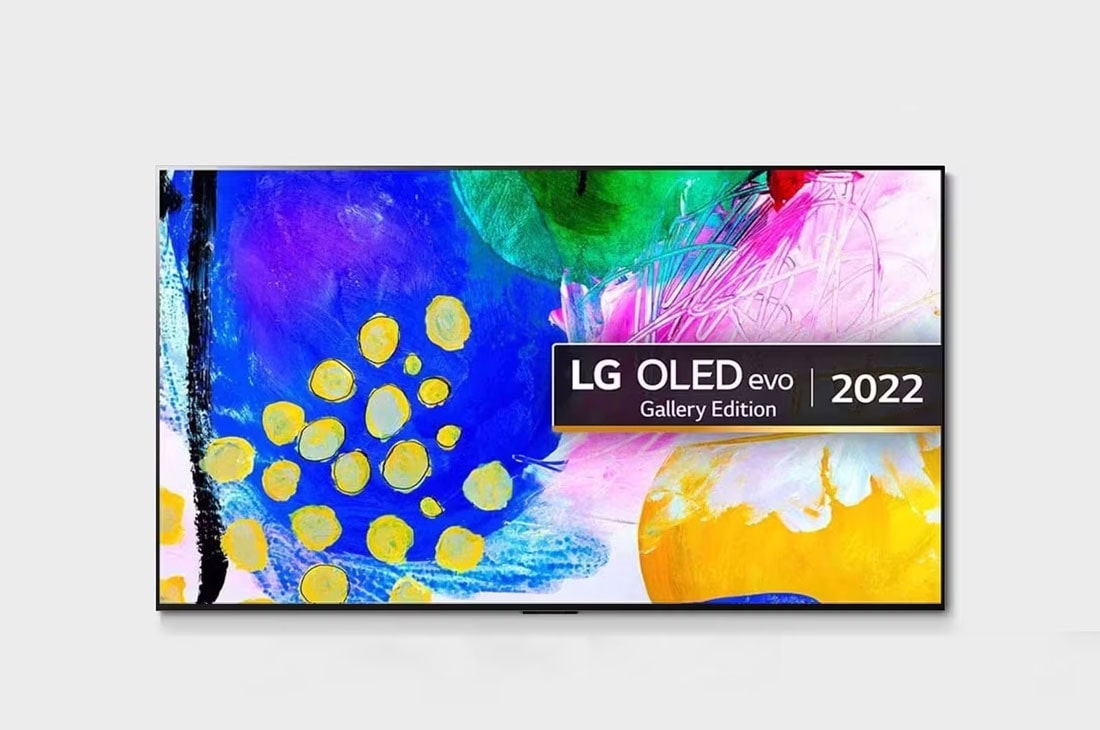LG OLED TV 65 Inch G2 Series, Gallery Design 4K Cinema HDR WebOS Smart AI ThinQ Pixel Dimming, Front view with LG OLED evo Gallery Edition on the screen, OLED65G26LA