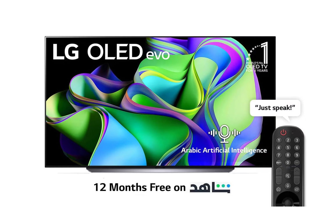 LG, OLED evo TV, 83 inch C3 series, WebOS Smart AI ThinQ, Magic Remote, 4 side cinema, Dolby Vision HDR10, HLG, AI Picture Pro, AI Sound Pro (9.1.2ch), Dolby Atmos, 1 pole stand, 2023 New, Front view with LG OLED evo and 11 Years World No.1 OLED Emblem on screen., OLED83C36LA
