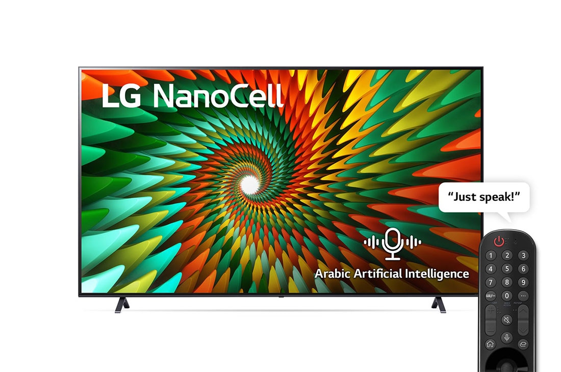 LG, Nanocell TV, 86 inch NANO77R series, WebOS Smart AI ThinQ, Magic Remote, 3 side cinema, HDR10, HLG, AI Sound Pro (5.1.2ch), 2 Pole stand, 2023 New, A front view of the LG NanoCell TV, 86NANO776RA