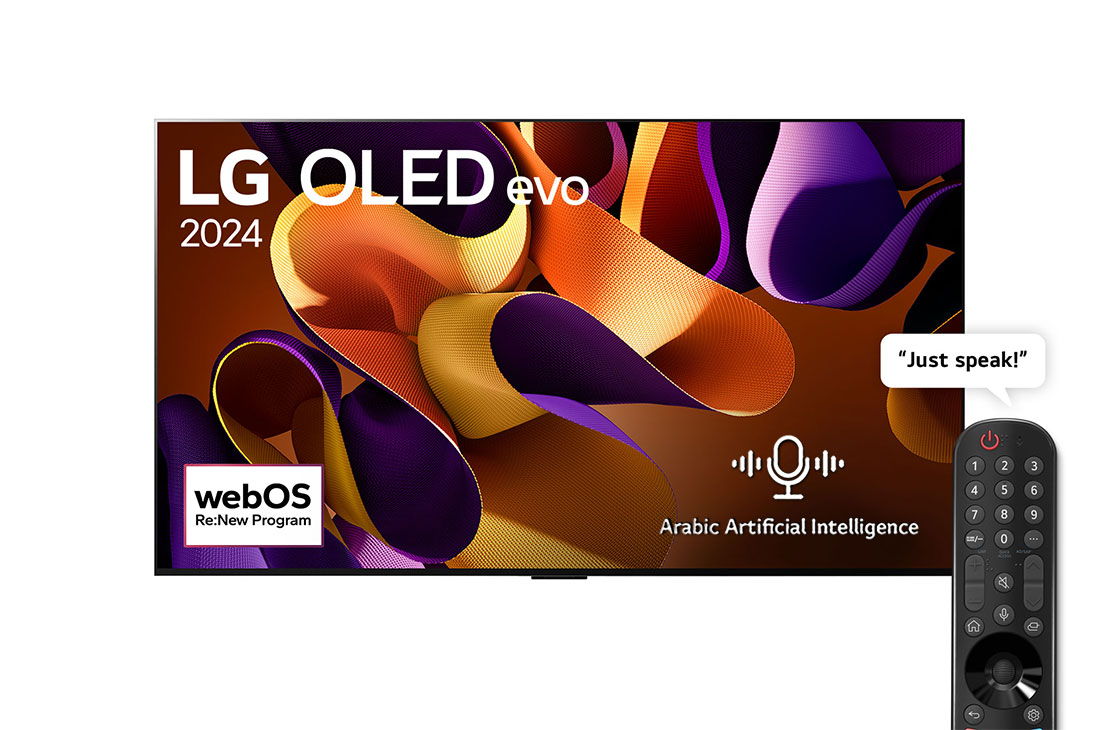 LG 83 Inch LG OLED evo G4 4K Smart TV AI Magic remote Dolby Vision webOS24 - OLED83G46LA (2024), Front view with LG OLED evo TV, OLED G4, 11 Years of world number 1 OLED Emblem, webOS Re:New Program logo, OLED83G46LA