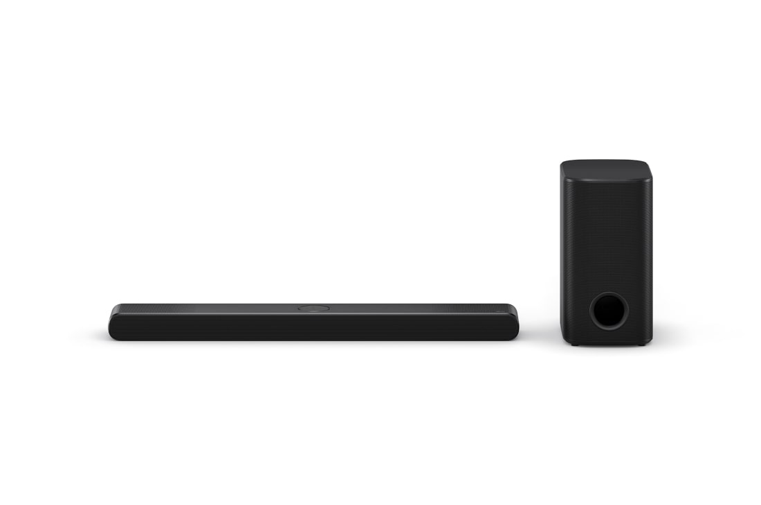 LG Barra de sonido Inteligente LG S77TY con 400W de potencia y 3.1.3 canales, Vista frontal de la barra de sonido LG S77TY y el subwoofer, S77TY