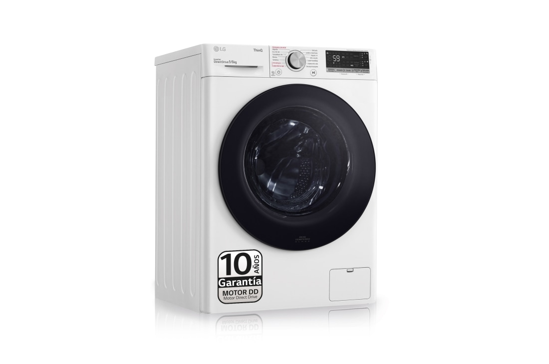 LG Lavasecadora inteligente AI Direct Drive con Autodosificador de detergente 9/6kg, 1400rpm, Clasificación B(lavado)/E(secado), Blanca, Serie 550, F4DV5509SMW vista frontal ladeada, F4DV5509SMW