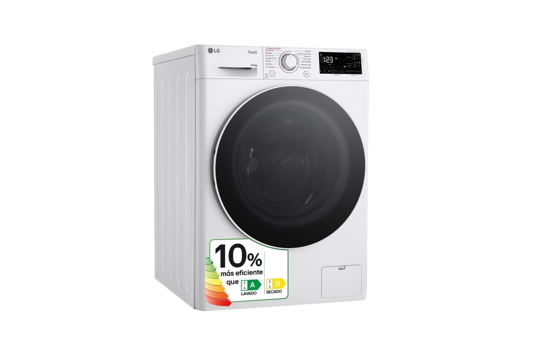 LG Lavasecadora inteligente AI Direct Driveᵀᴹ, Vapor 9/6kg, 1400rpm, Un 10% más eficiente que A(lavado) /D(secado) Blanca, Serie 500, F4DR5509A0W vista ladeada, F4DR5509A0W