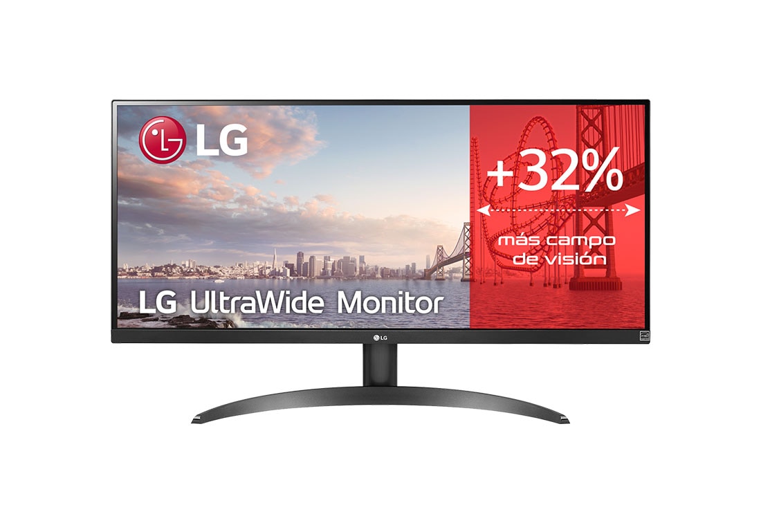 LG 29WP500-B - Monitor Ultrapanorámico 21:9 LG UltraWide (Panel IPS: 2560x1080, 250cd/m², 1000:1, sRGB>99%); diag. 73cm; entr.: HDMIx2; Ajust. en inclinación., Vista frontal, 29WP500-B