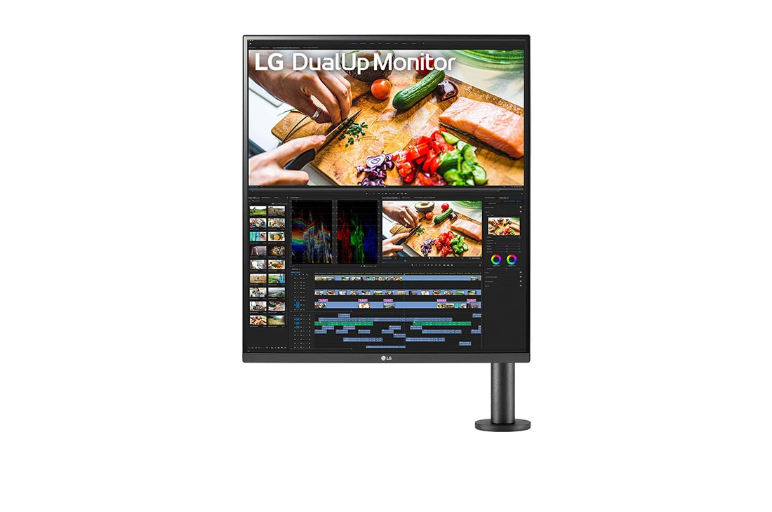 LG 28MQ780-B - Monitor LG DualUp Ergo (Panel NanoIPS SDQHD 16:18 (2560 x 2880), 300nits, 1000:1, DCI-P3>98%); entr.: HDMIx2, DPx1, USB-Cx1; Modo (2PBP) con KVM integrado, Altavoces estéreo 7W, soporte Ergo , vista frontal con el brazo del monitor a la derecha, 28MQ780-B