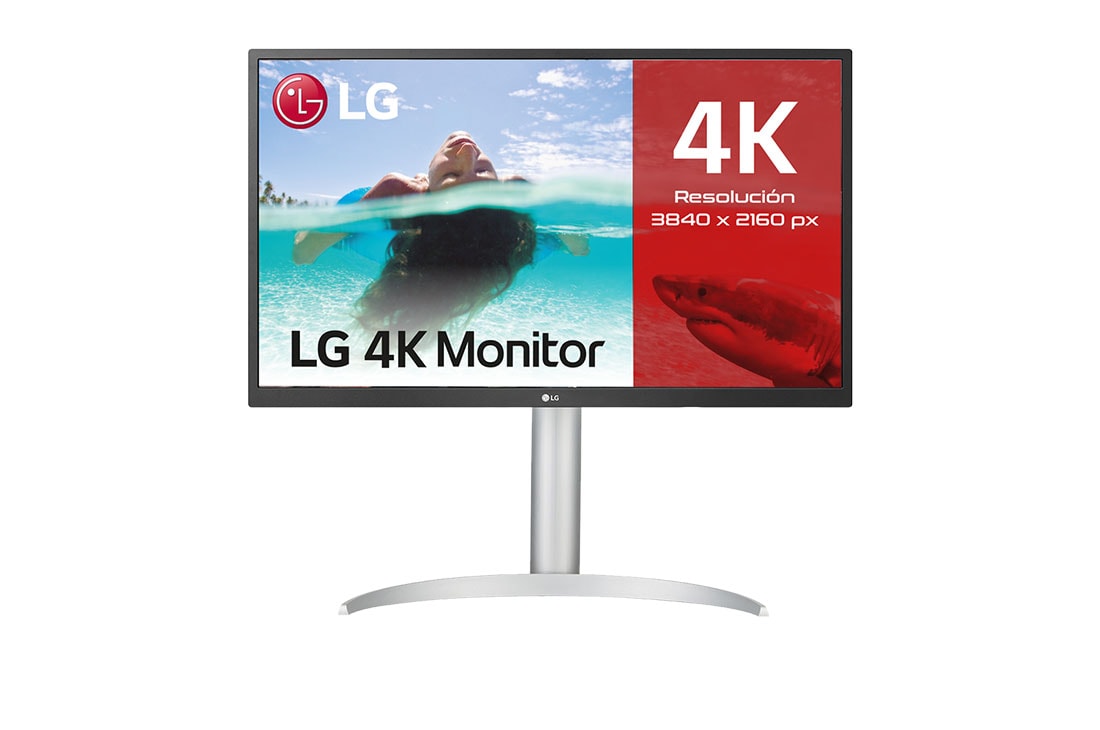 LG 27UP550P-W - Monitor para creadores LG 4K UHD (Panel IPS: 3840x2160, 300cd/m², 1000:1, HDR10, sRGB 99%); entradas: HDMI x2, DP x1, USB-C™x1; Ajust. en altura e inclinación. Blanco., Vista frontal, 27UP550P-W