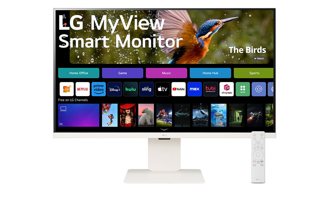 LG MyView 32” 4K UHD IPS Smart Monitor with webOS, front view with webcam and remote control, 32SR83U-W