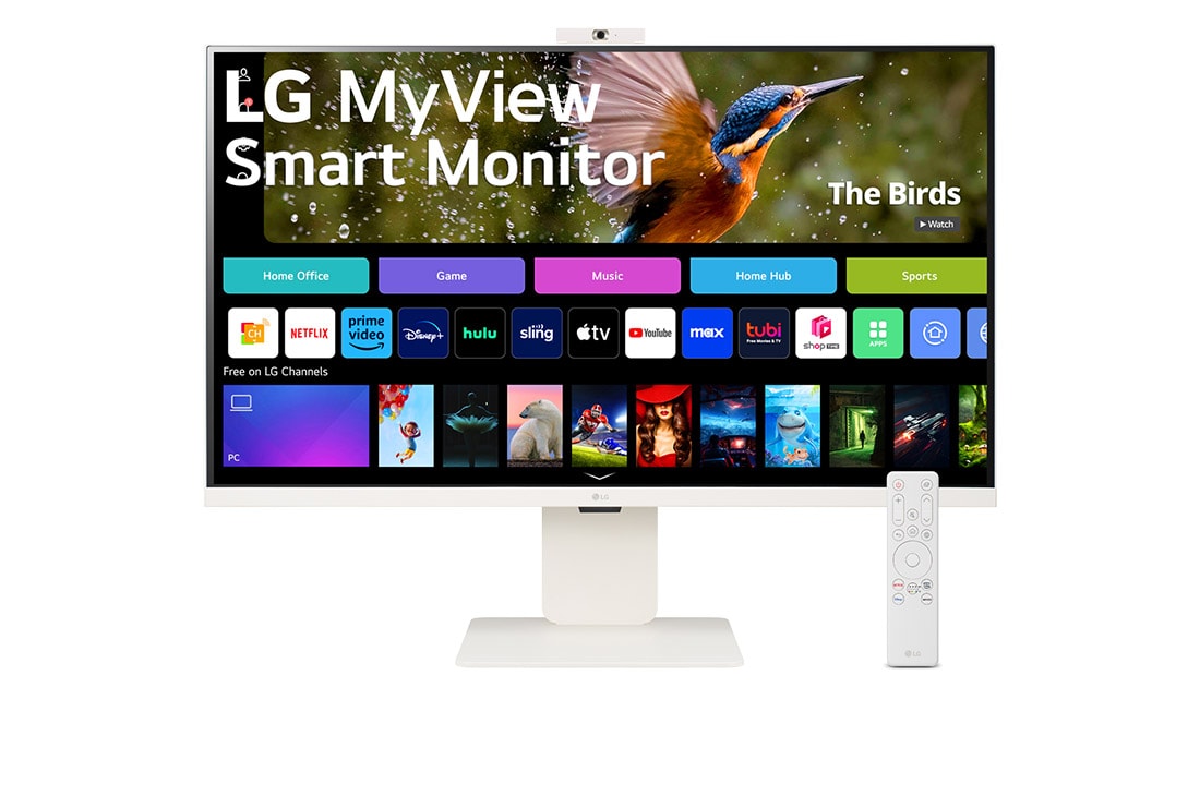 LG MyView Smart Monitor webOS 23 con webcam (2 MP) , 32 pulgadas (80 cm), IPS Full HDm DCI-P3 95%, HDR10, HDMI 2.1., front view with webcam and remote control, 32SR85U-W