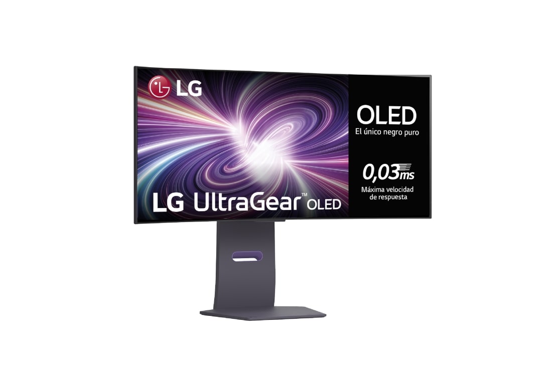 LG Monitor OLED UltraGear curvo 800R en formato 21:9, 3440 x 1440, WQHD, 240 Hz, 0,03 ms, DisplayHDR True Black 400R,  AMD FreeSync, 34GS95QE-B vista frontal ladeada, 34GS95QE-B