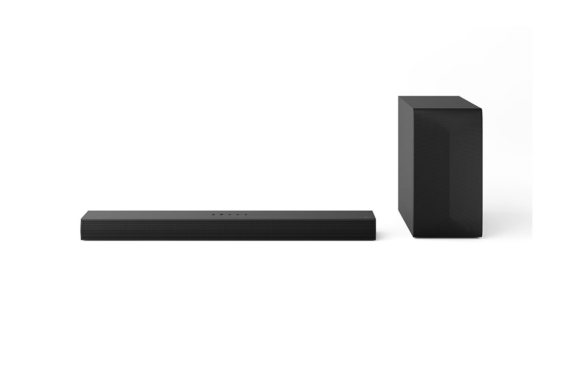 LG Soundbar TV 3.1 kanavalle S60T, Edestä otettu kuva LG Soundbar S60T:stä ja subwooferista, NS60T
