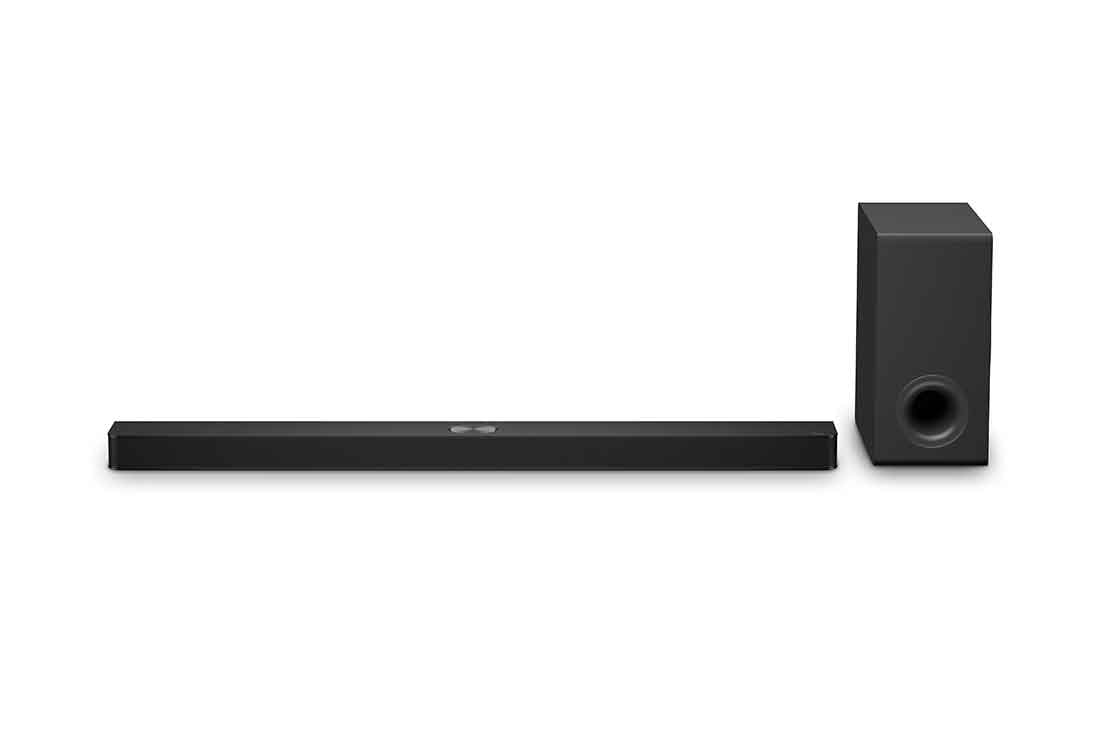 LG Soundbar TV:hen Dolby Atmos 5.1.3 kanavainen S90TY, Edestä otettu kuva LG Soundbar S90TY:stä ja subwooferista, NS90TY