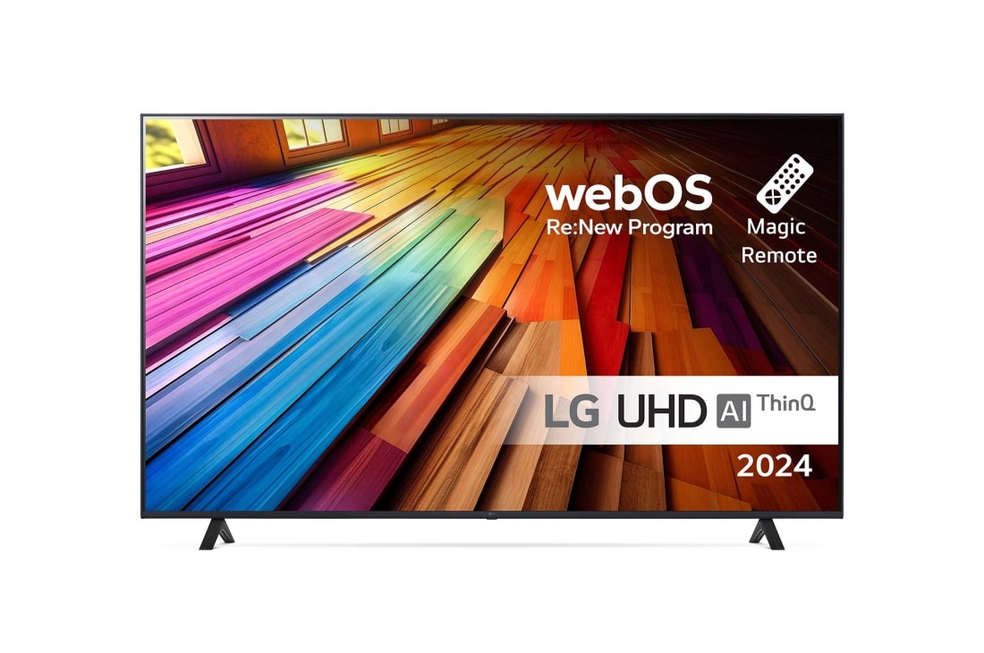 LG 43 tuuman LG UHD UT80 4K -Smart TV 2024, Edestä otettu kuva LG UHD TV, UT81 -televisiosta ja teksti LG UHD AI ThinQ, 2024 sekä webOS Re:New Program -logo näytöllä, 43UT80006LA