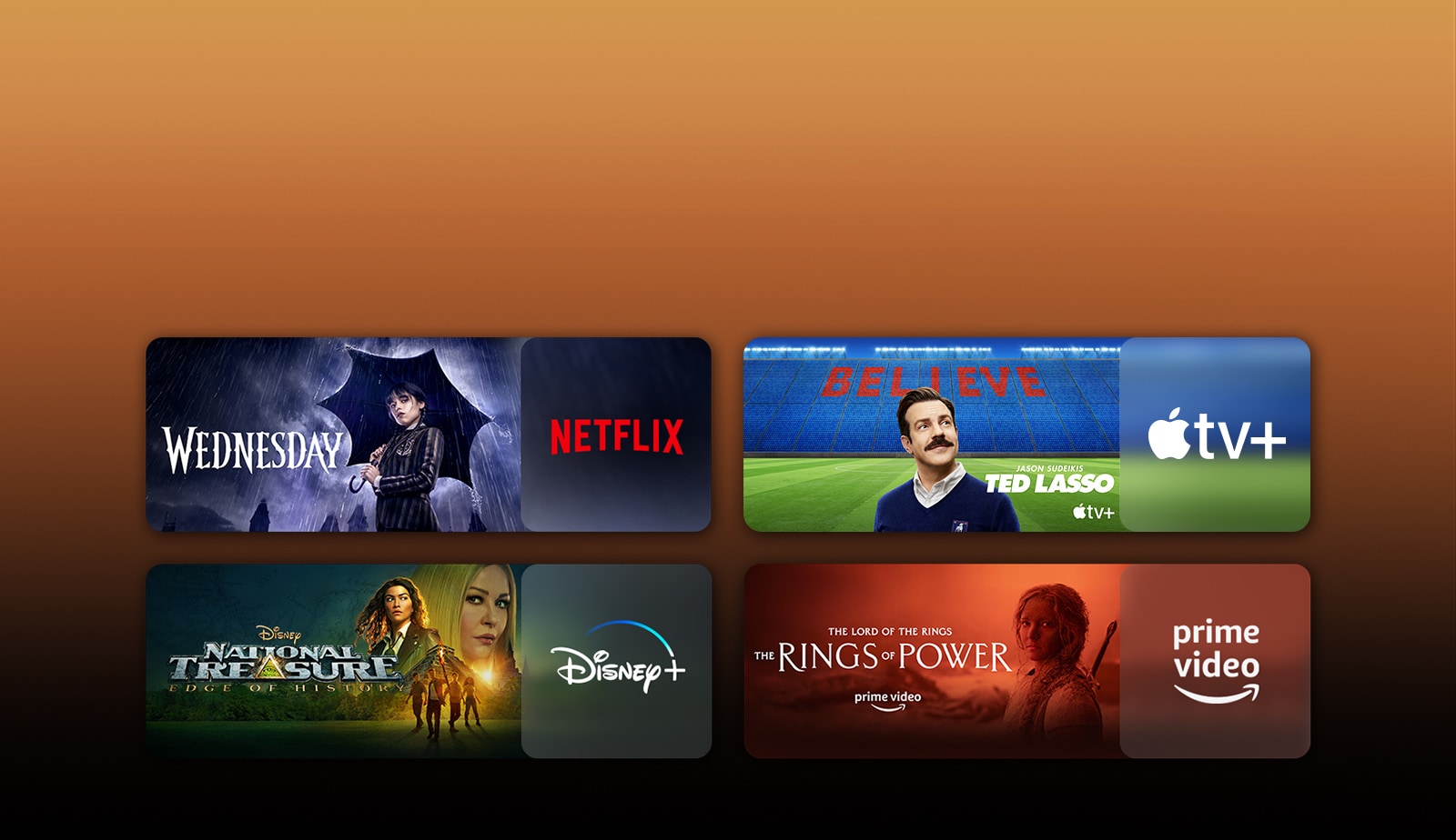 Λογότυπα των πλατφορμών υπηρεσιών streaming και αντίστοιχο υλικό ακριβώς δίπλα σε κάθε λογότυπο. Εμφανίζονται εικόνες των σειρών Wednesday του Netflix, TED LASSO του Apple TV, National Treasure του Disney Plus, The rings of power του PRIME VIDEO.