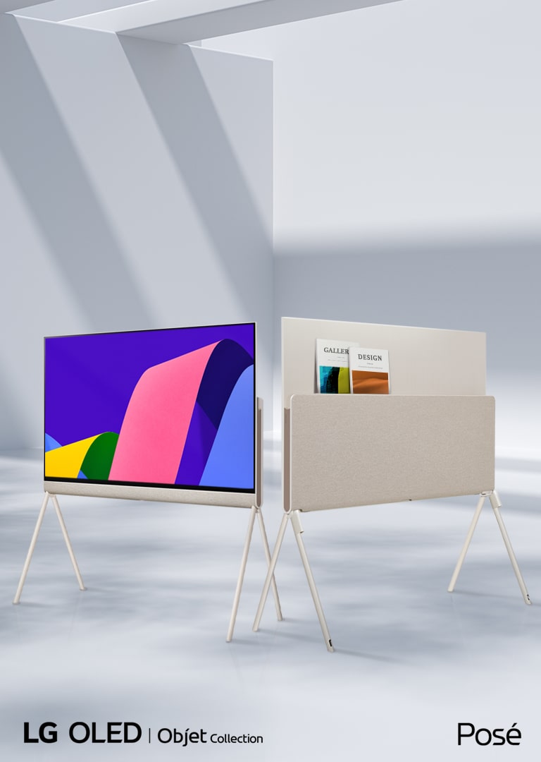 Δύο τηλεοράσεις LG Posé η μία δίπλα στην άλλη σε γωνία 45 μοιρών, η μία από μπροστά με ένα πολύχρωμο αφηρημένο έργο τέχνης στην οθόνη και η άλλη από πίσω που αναδεικνύει την πολυχρηστική πίσω πλευρά της.