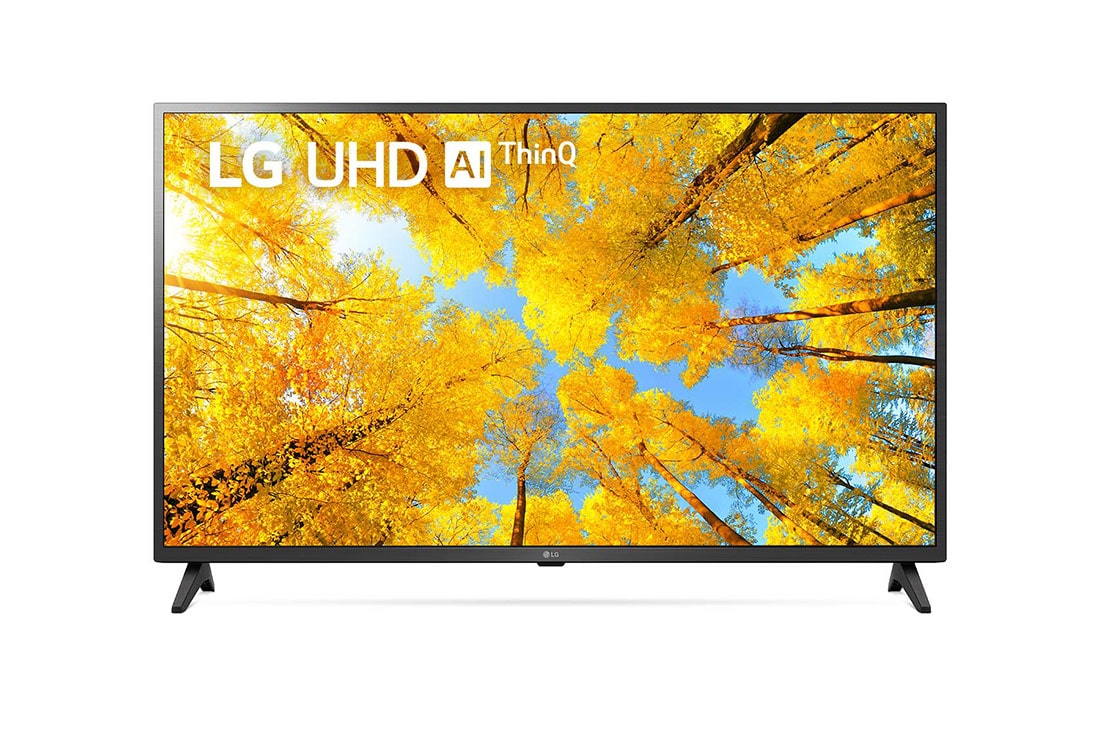 LG UQ75 4K Smart UHD TV 43 ιντσών, Μπροστινή όψη της LG UHD TV με εικόνα που γεμίζει την οθόνη και λογότυπο του προϊόντος, 43UQ75006LF
