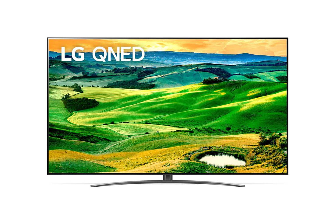 LG 86QNED816QA, Μπροστινή όψη της LG QNED TV με εικόνα που γεμίζει την οθόνη και λογότυπο του προϊόντος, 86QNED816QA