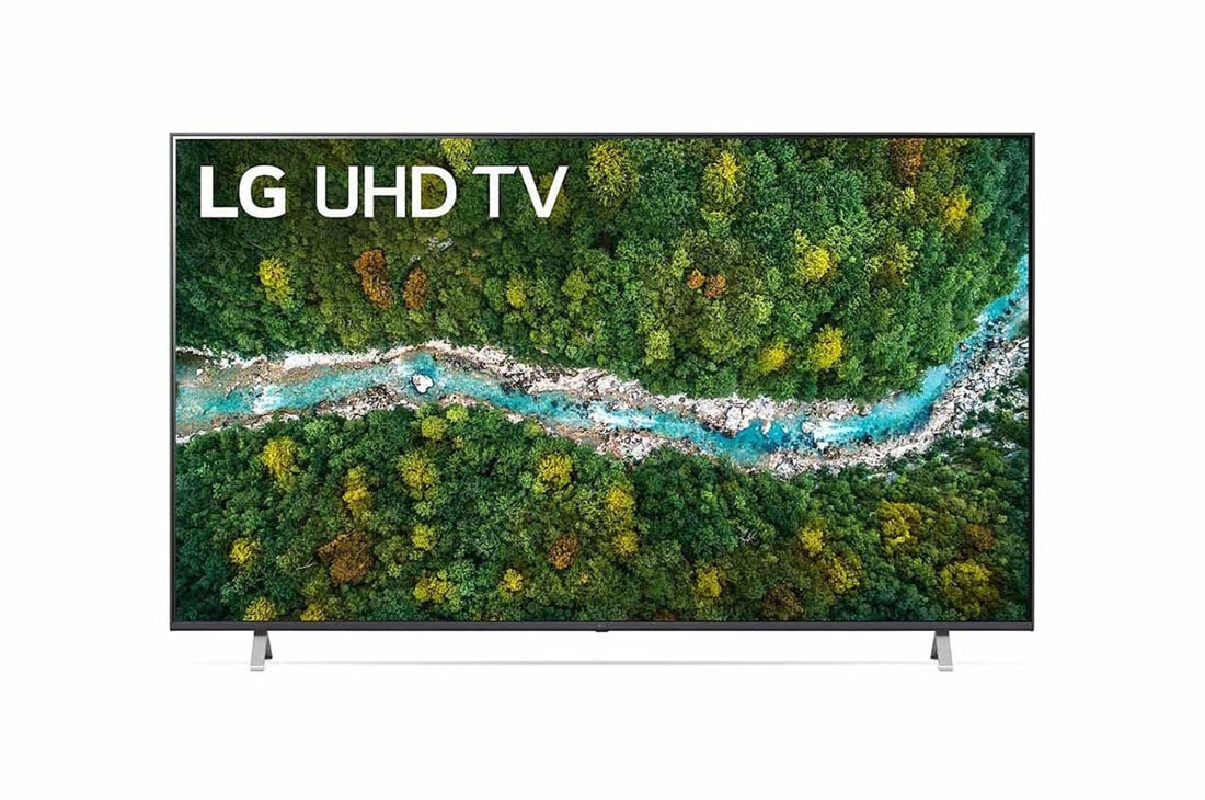 LG UP77, 75'' 4K Smart UHD TV, A front view of the LG UHD TV with infill image and product logo on, 75UP77109LC