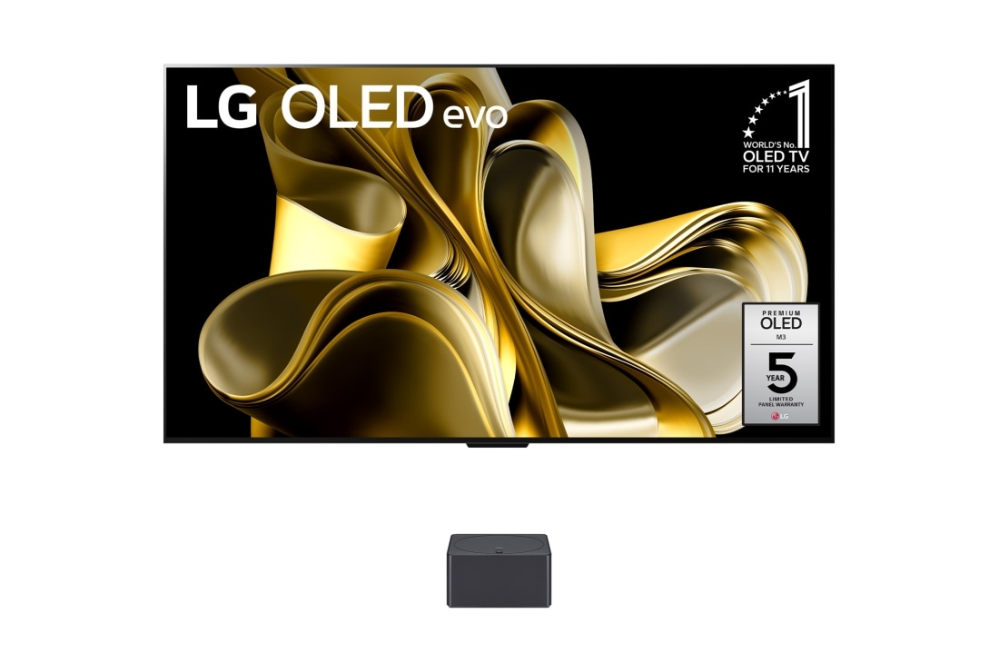 LG 77 ιντσών LG OLED evo M3 4K Smart TV με ασύρματη συνδεσιμότητα 4K, Μπροστινή άποψη με την τηλεόραση LG OLED M3 και το Zero Connect Box από κάτω, Έμβλημα «11 Years World's No.1 OLED TV», Έμβλημα OLED M LG evo και λογότυπο 5ετούς εγγύησης πάνελ στην οθόνη, OLED77M39LA