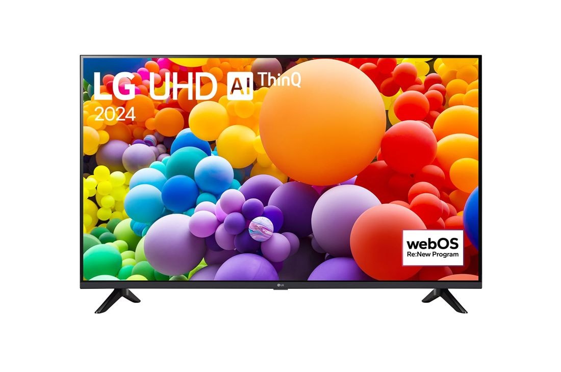 LG Τηλεόραση 43 ιντσών LG UHD UT73 4K Smart TV 43UT73, Μπροστινή όψη της LG UHD TV, UT80 με το κείμενο LG UHD AI ThinQ και 2024 στην οθόνη, 43UT73006LA